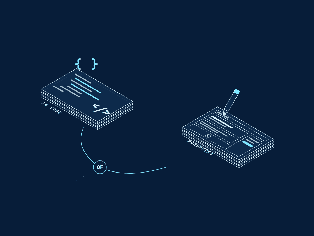 Lijntekening: een splitsing naar twee websites, links in code en rechts in WordPress met een potlood om zelf aan te passen