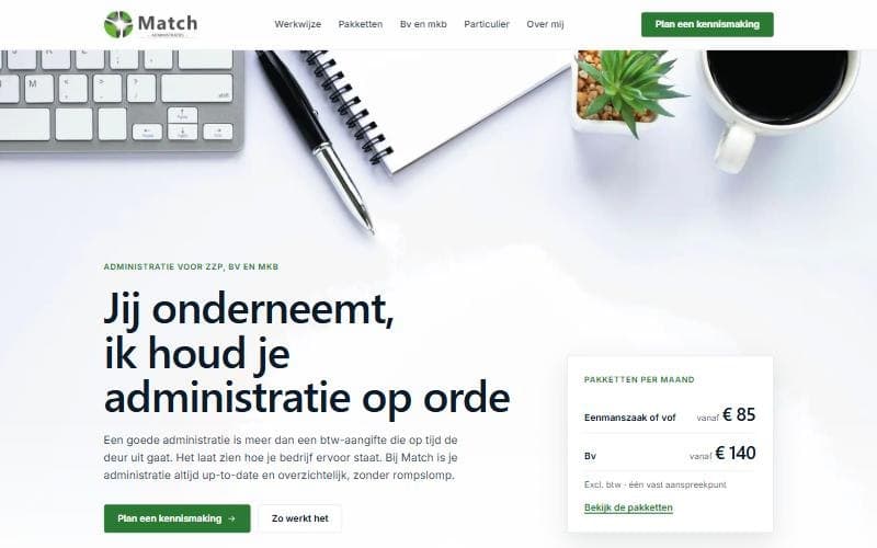 De homepage van de nieuwe site van Match Administraties